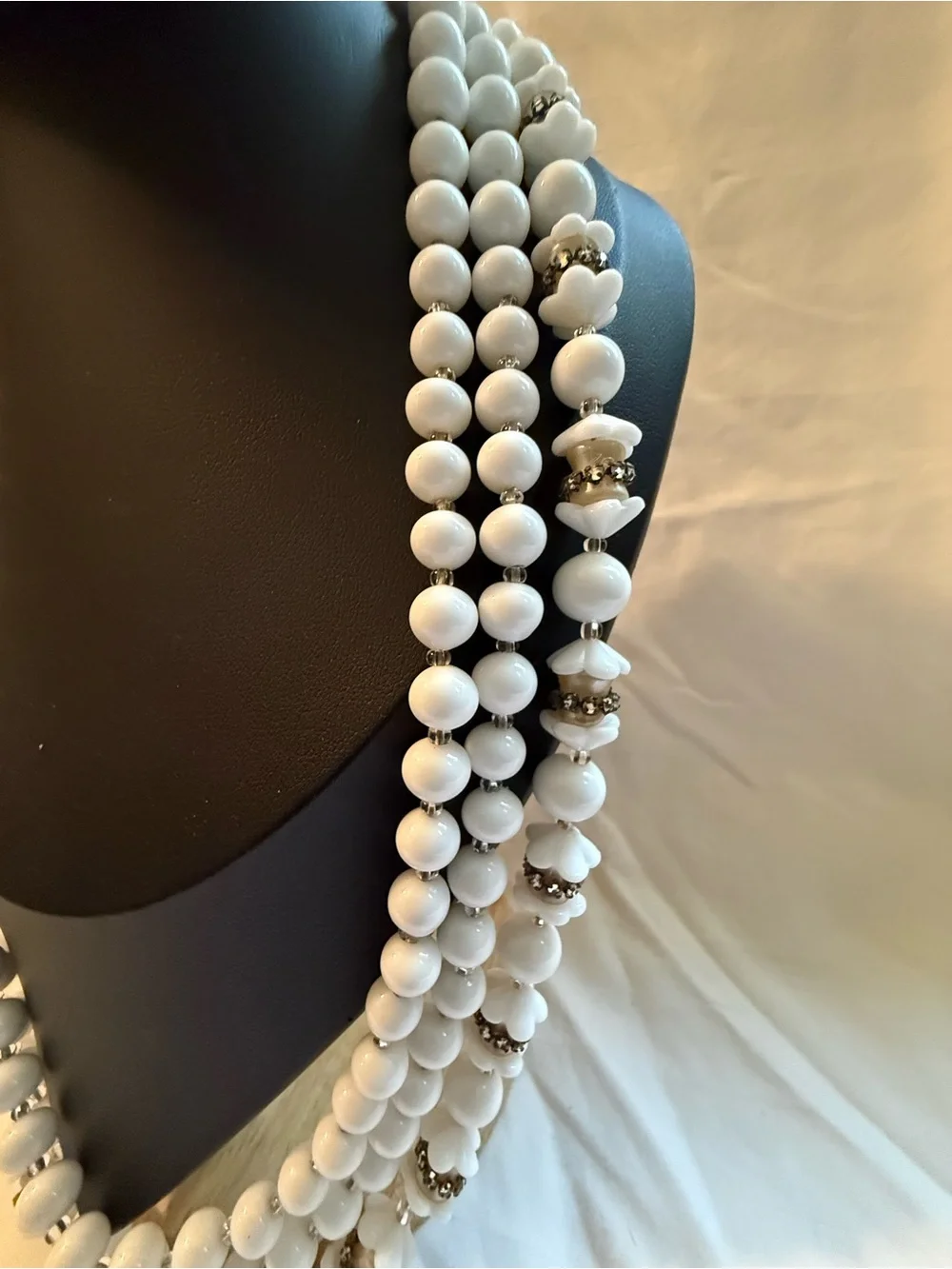 Miriam Haskell White Beaded Multi-Strand Necklace with Rhinestone Spacers